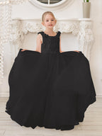 Elegante vestido de niña de las flores de tul blanco con cola larga 