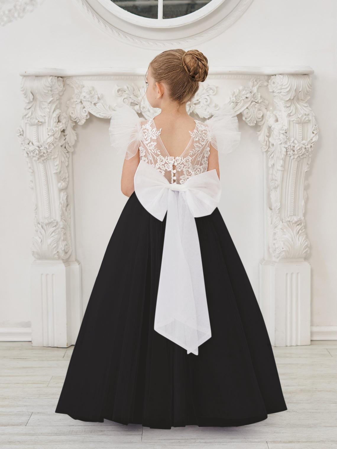 Abnehmbares Blumenmädchenkleid aus Spitze und Tüll mit Schleppe 