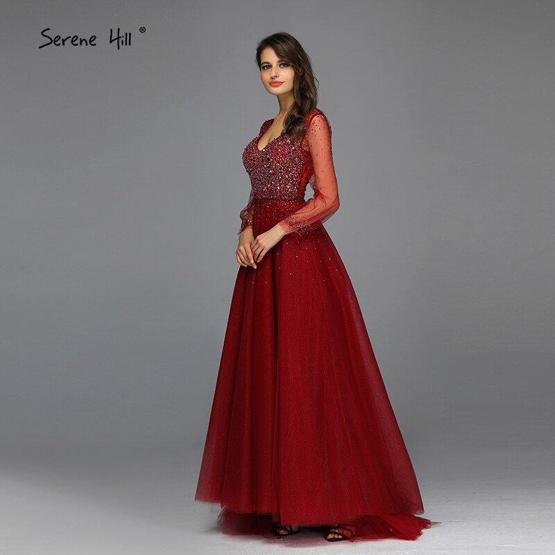 NumberSea - Blau Langen Ärmeln A - Line Abend Dressese Design 2024 V - ausschnitt Perlen Kristall Abendkleider Lange Ruhigen Hill LA70143