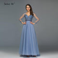 NumberSea - Blau Langen Ärmeln A - Line Abend Dressese Design 2024 V - ausschnitt Perlen Kristall Abendkleider Lange Ruhigen Hill LA70143