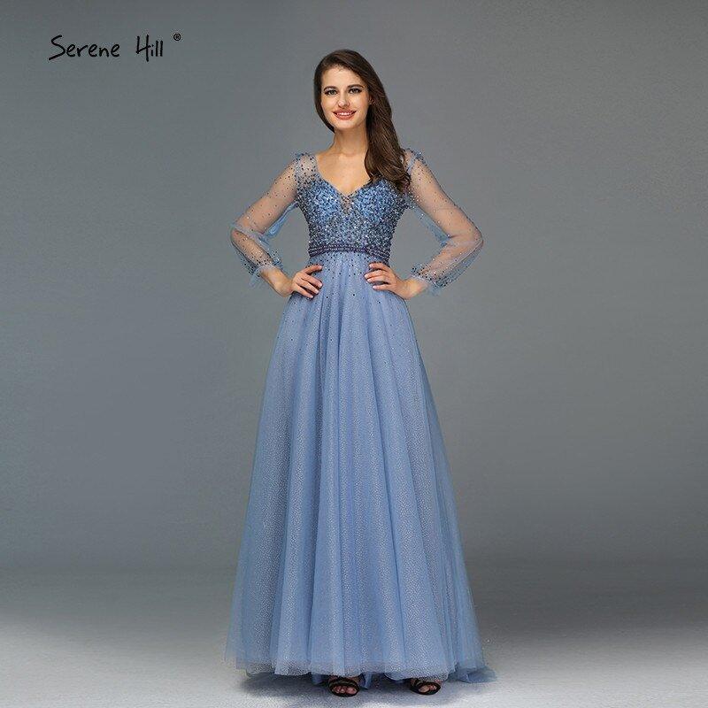 NumberSea - Blau Langen Ärmeln A - Line Abend Dressese Design 2024 V - ausschnitt Perlen Kristall Abendkleider Lange Ruhigen Hill LA70143
