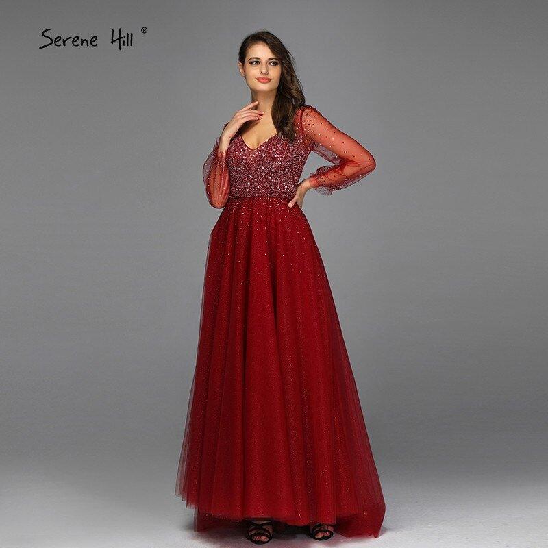 NumberSea - Blau Langen Ärmeln A - Line Abend Dressese Design 2024 V - ausschnitt Perlen Kristall Abendkleider Lange Ruhigen Hill LA70143