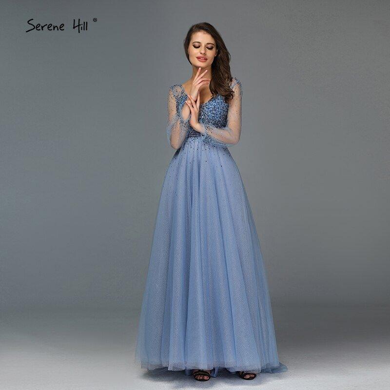 NumberSea - Blau Langen Ärmeln A - Line Abend Dressese Design 2024 V - ausschnitt Perlen Kristall Abendkleider Lange Ruhigen Hill LA70143
