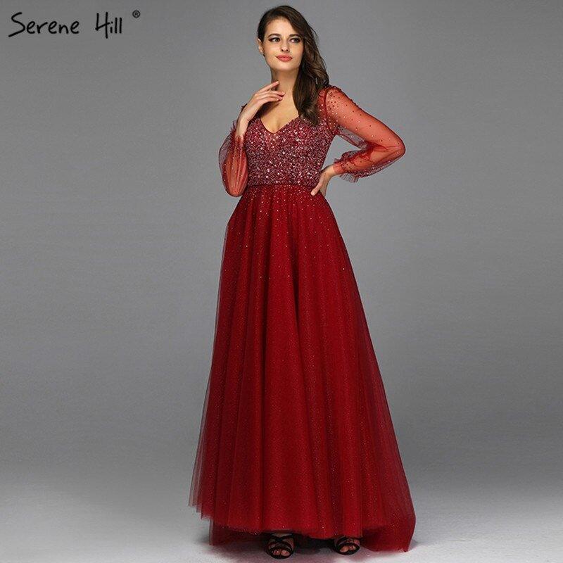 NumberSea - Blau Langen Ärmeln A - Line Abend Dressese Design 2024 V - ausschnitt Perlen Kristall Abendkleider Lange Ruhigen Hill LA70143