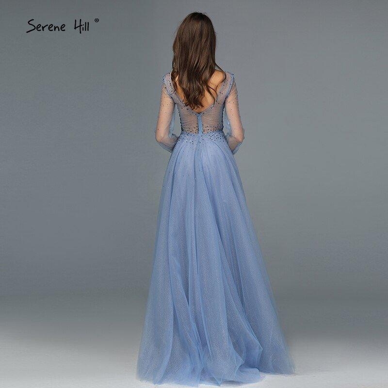 NumberSea - Blau Langen Ärmeln A - Line Abend Dressese Design 2024 V - ausschnitt Perlen Kristall Abendkleider Lange Ruhigen Hill LA70143