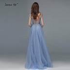 NumberSea - Blau Langen Ärmeln A - Line Abend Dressese Design 2024 V - ausschnitt Perlen Kristall Abendkleider Lange Ruhigen Hill LA70143