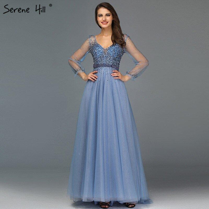 NumberSea - Blau Langen Ärmeln A - Line Abend Dressese Design 2024 V - ausschnitt Perlen Kristall Abendkleider Lange Ruhigen Hill LA70143