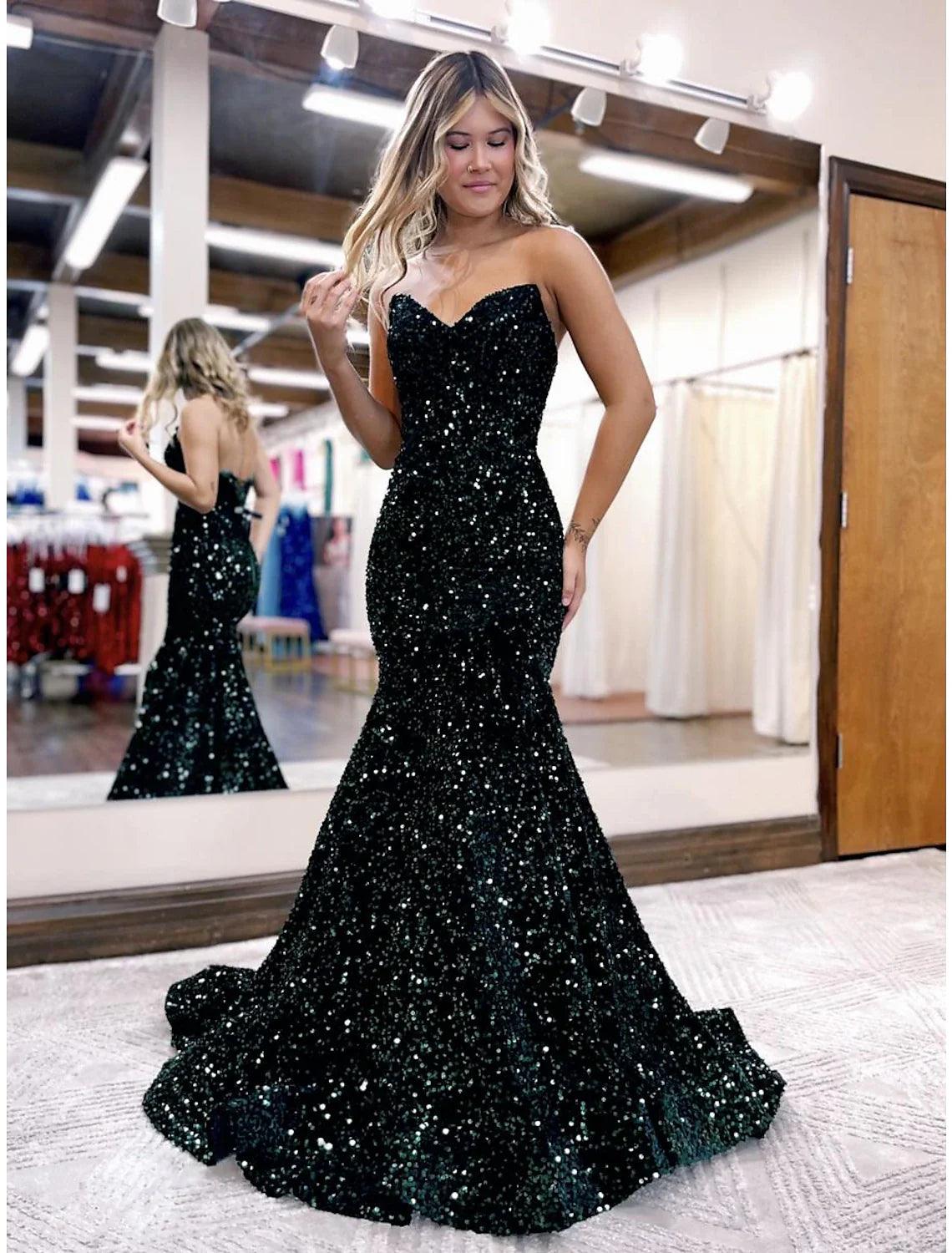 Vestidos de fiesta de sirena/trompeta con brillo y destellos, vestido formal para fiesta de bodas, cola larga/corta, sin mangas, escote corazón con lentejuelas y espalda descubierta con lentejuelas