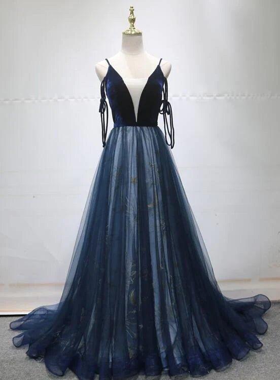 NumberSea - Blue A - line Straps Tulle Long Evening Dress Party Dress, Blue Bridesmaid Dress