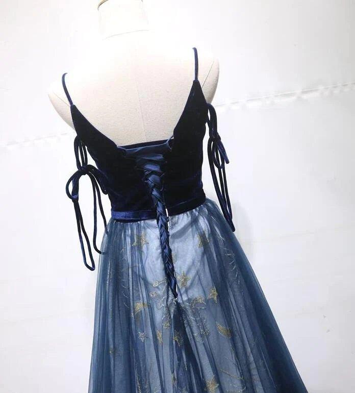 NumberSea - Blue A - line Straps Tulle Long Evening Dress Party Dress, Blue Bridesmaid Dress