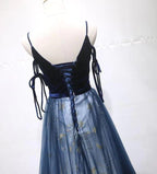 NumberSea - Blue A - line Straps Tulle Long Evening Dress Party Dress, Blue Bridesmaid Dress