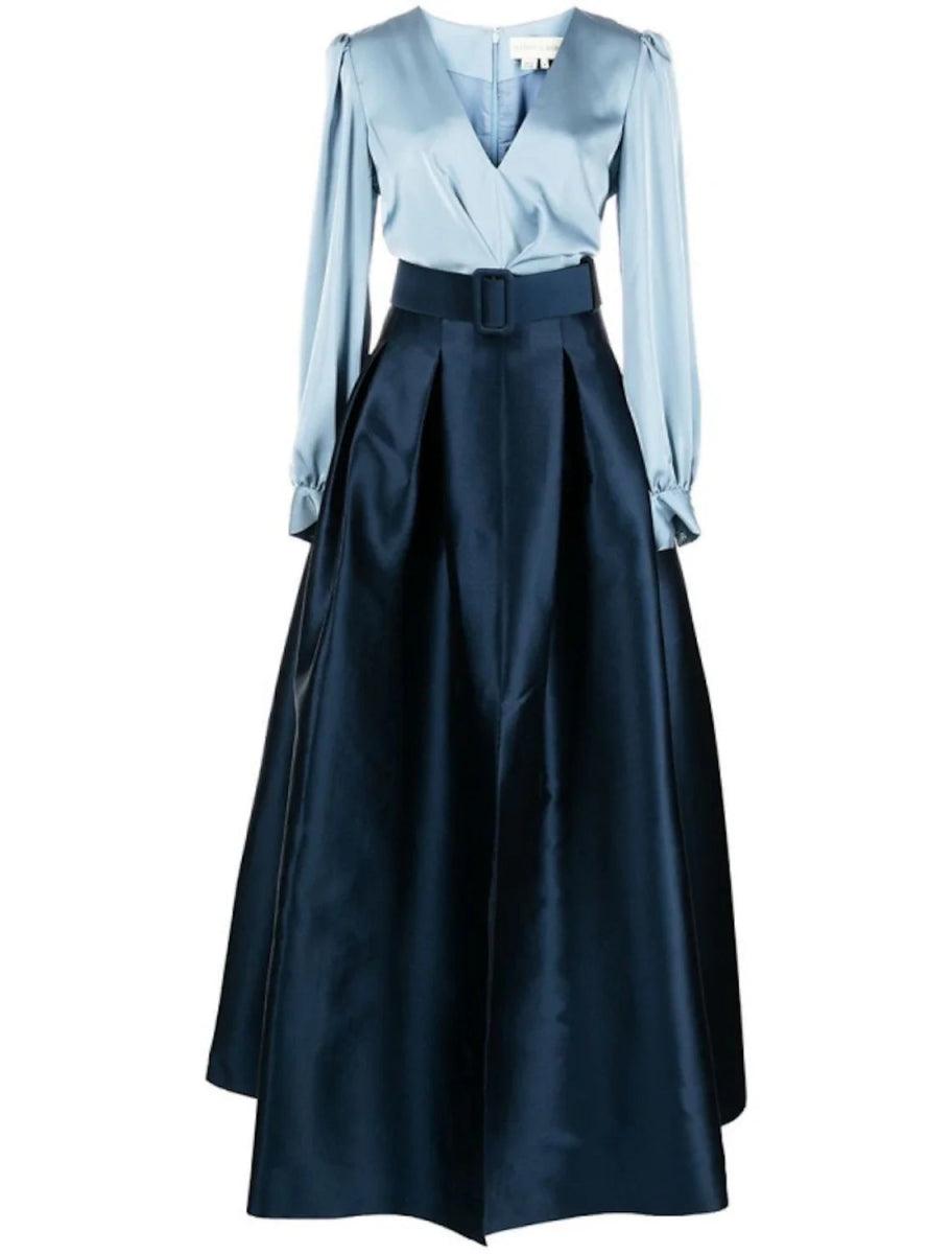 NumberSea - Blue Formal Satin A - Line Long Sleeve Evening Gown High Split wedding guest Dress Fall wedding Floor Length color contrast V Neck Belt / Sash Navy with Pleats Slit