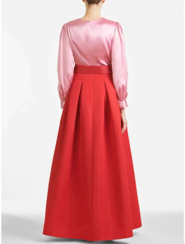 NumberSea - Blue Formal Satin A - Line Long Sleeve Evening Gown High Split wedding guest Dress Fall wedding Floor Length color contrast V Neck Belt / Sash Navy with Pleats Slit