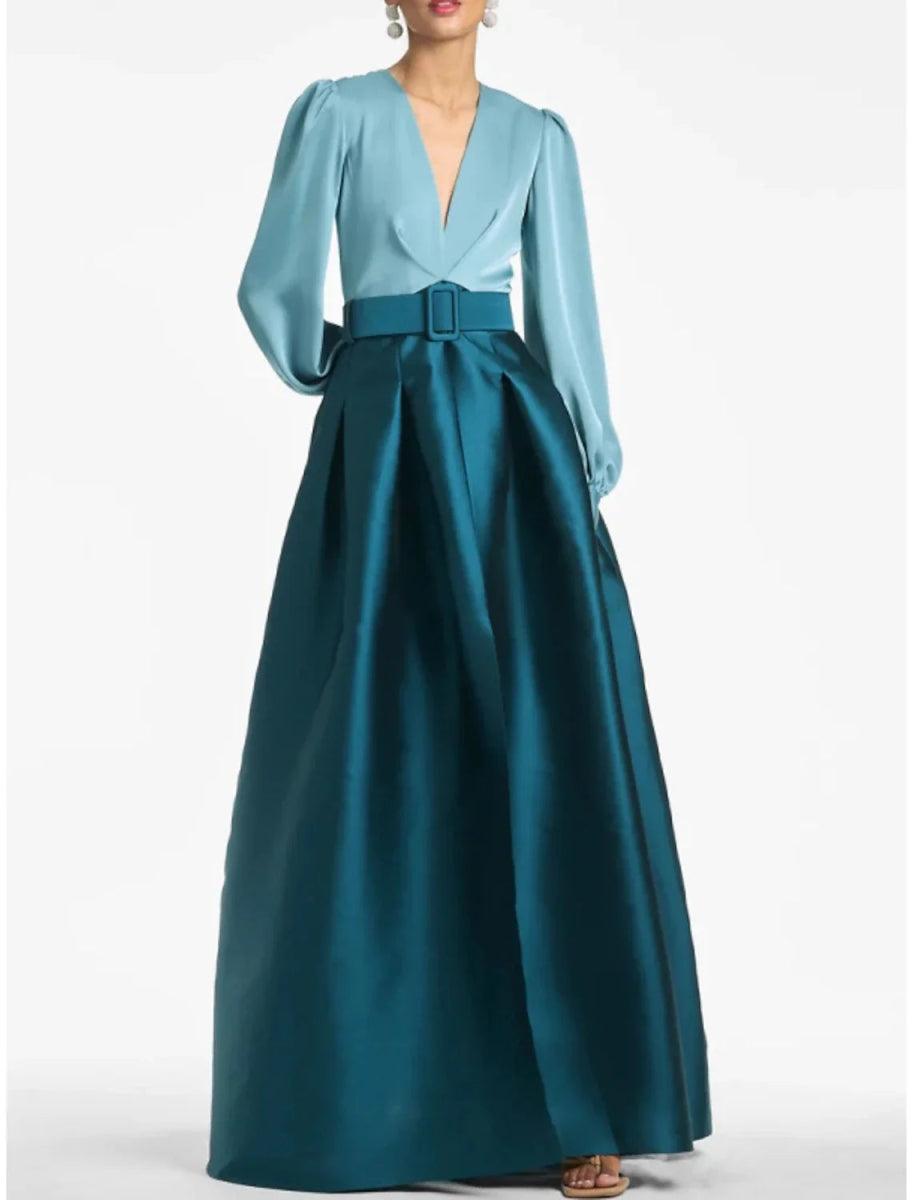 NumberSea - Blue Formal Satin A - Line Long Sleeve Evening Gown High Split wedding guest Dress Fall wedding Floor Length color contrast V Neck Belt / Sash Navy with Pleats Slit