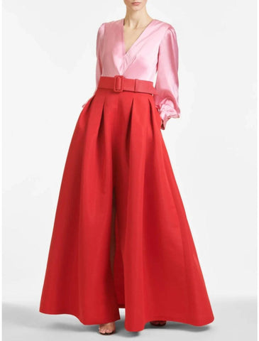 NumberSea - Blue Formal Satin A - Line Long Sleeve Evening Gown High Split wedding guest Dress Fall wedding Floor Length color contrast V Neck Belt / Sash Navy with Pleats Slit