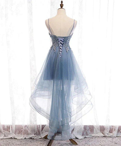NumberSea - Blue High Low Tulle V - neckline Straps Party Dress with Lace, Cute Homecoming Dress