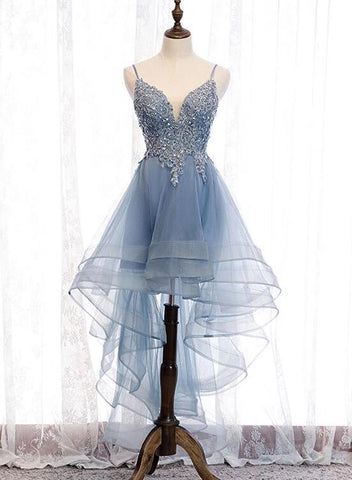 NumberSea - Blue High Low Tulle V - neckline Straps Party Dress with Lace, Cute Homecoming Dress