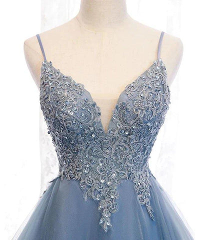 NumberSea - Blue High Low Tulle V - neckline Straps Party Dress with Lace, Cute Homecoming Dress