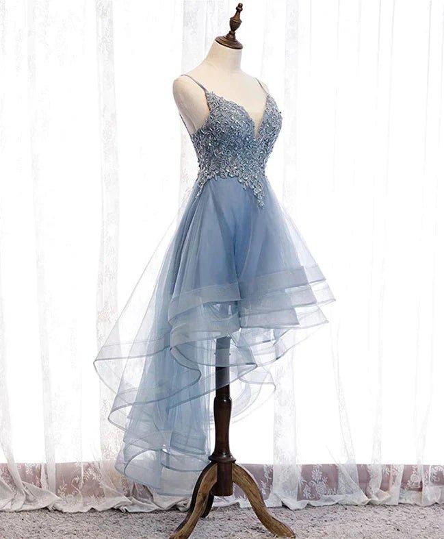 NumberSea - Blue High Low Tulle V - neckline Straps Party Dress with Lace, Cute Homecoming Dress
