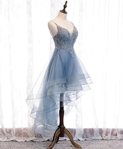 NumberSea - Blue High Low Tulle V - neckline Straps Party Dress with Lace, Cute Homecoming Dress