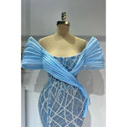 NumberSea - Blue Off - shoulder Bedaed Sheath Long Split Prom Dress Evening Gown