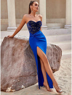 NumberSea - Blue Orange Green Blue A - Line Evening Gown Sparkle & Shine Dress Formal Floor Length Sleeveless Sweetheart Stretch Fabric with Glitter Sequin Slit Fall Wedding
