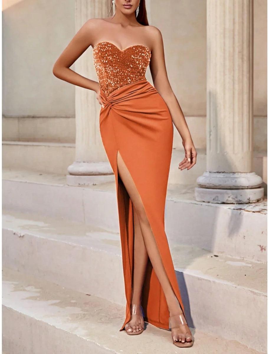 NumberSea - Blue Orange Green Blue A - Line Evening Gown Sparkle & Shine Dress Formal Floor Length Sleeveless Sweetheart Stretch Fabric with Glitter Sequin Slit Fall Wedding