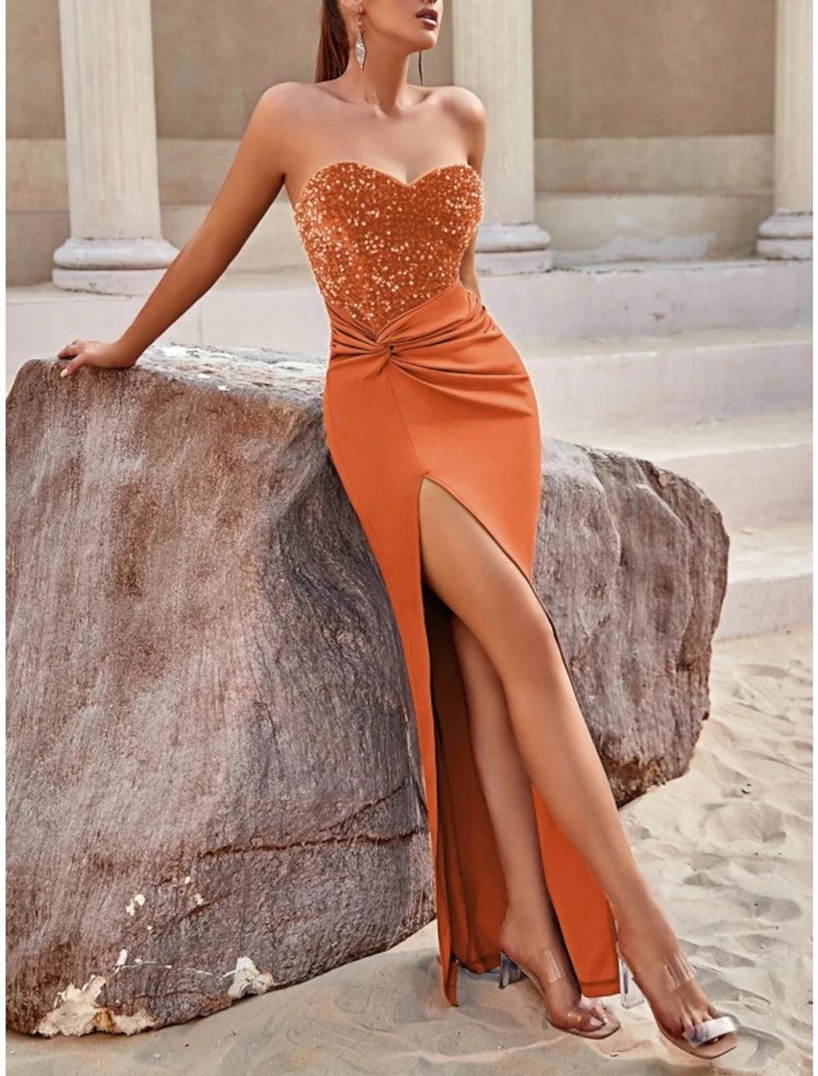 NumberSea - Blue Orange Green Blue A - Line Evening Gown Sparkle & Shine Dress Formal Floor Length Sleeveless Sweetheart Stretch Fabric with Glitter Sequin Slit Fall Wedding