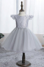 NumberSea - Blue Short Ball Gown Scoop Tulle Lace Flower Girl Dresses with Cap Sleeve
