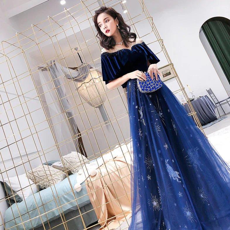 NumberSea - Blue Tulle Long Beaded Party Dress, Blue Velvet Top Prom Dress Evening Gown