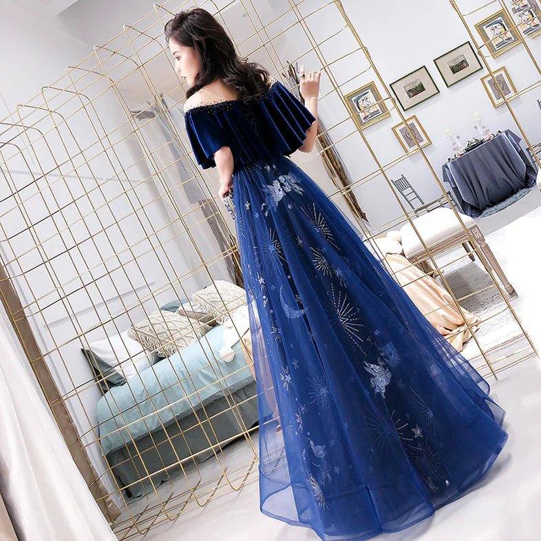 NumberSea - Blue Tulle Long Beaded Party Dress, Blue Velvet Top Prom Dress Evening Gown