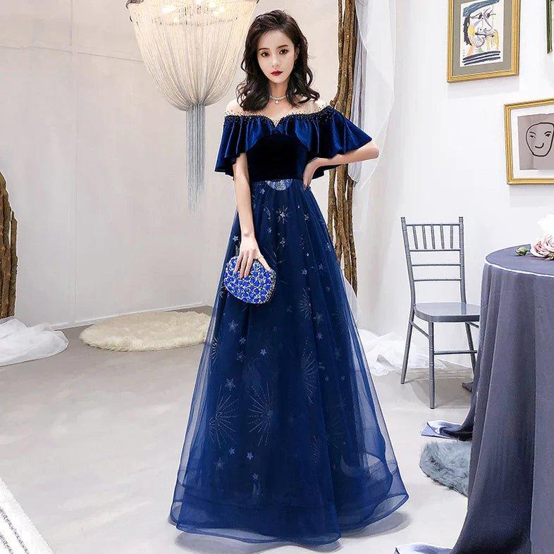 NumberSea - Blue Tulle Long Beaded Party Dress, Blue Velvet Top Prom Dress Evening Gown