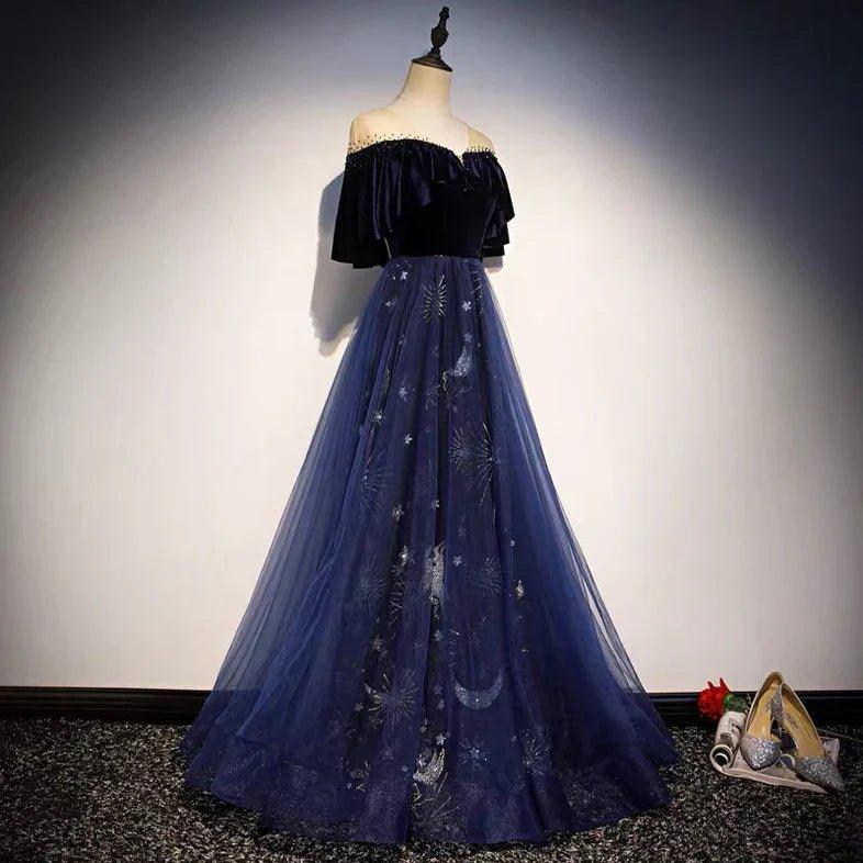 NumberSea - Blue Tulle with Velvet Long Party Dress, A - line Off Shoulder Formal Dress Prom Dress