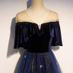 NumberSea - Blue Tulle with Velvet Long Party Dress, A - line Off Shoulder Formal Dress Prom Dress
