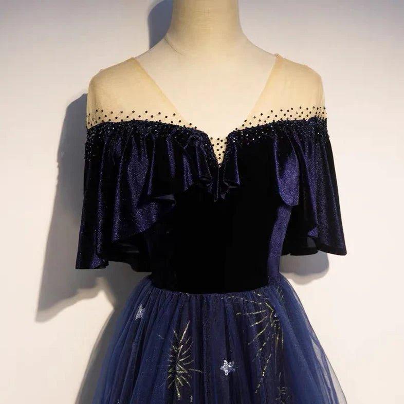 NumberSea - Blue Tulle with Velvet Long Party Dress, A - line Off Shoulder Formal Dress Prom Dress