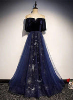 NumberSea - Blue Tulle with Velvet Long Party Dress, A - line Off Shoulder Formal Dress Prom Dress