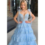 NumberSea - Blue V - neck Illusion Applique Sequins Long Prom Dress Evening Gowns