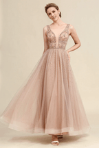 NumberSea - Blush A Line Beaded Sparkly Mother of Bride Dress