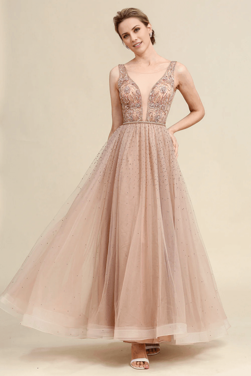 NumberSea - Blush A Line Beaded Sparkly Mother of Bride Dress