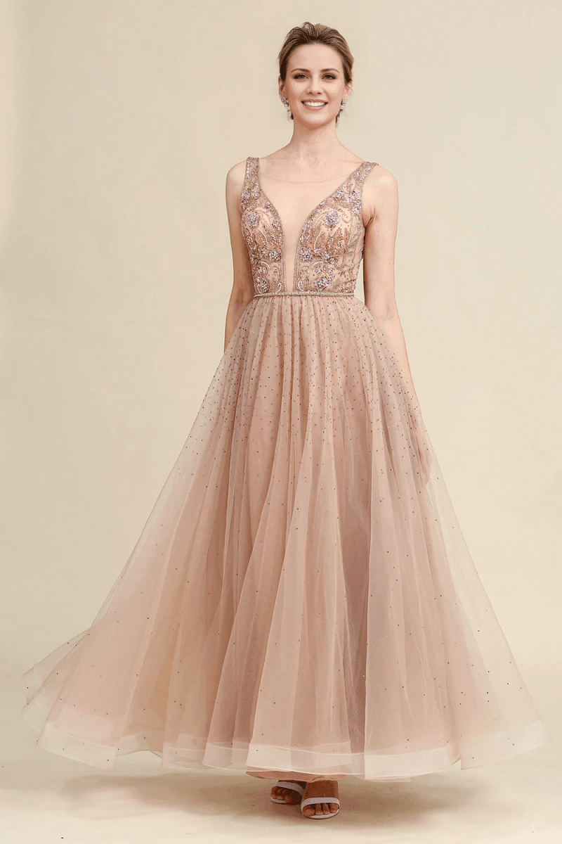 NumberSea - Blush A Line Beaded Sparkly Mother of Bride Dress