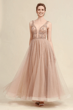 NumberSea - Blush A Line Beaded Sparkly Mother of Bride Dress