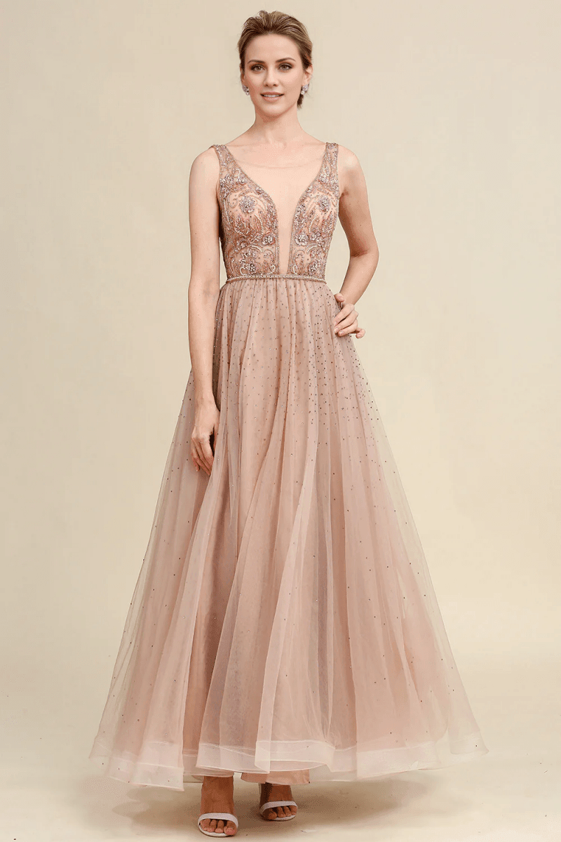 NumberSea - Blush A Line Beaded Sparkly Mother of Bride Dress