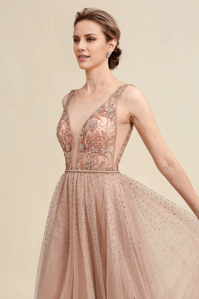 NumberSea - Blush A Line Beaded Sparkly Mother of Bride Dress