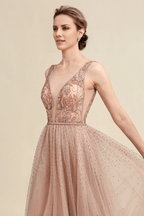 NumberSea - Blush A Line Beaded Sparkly Mother of Bride Dress