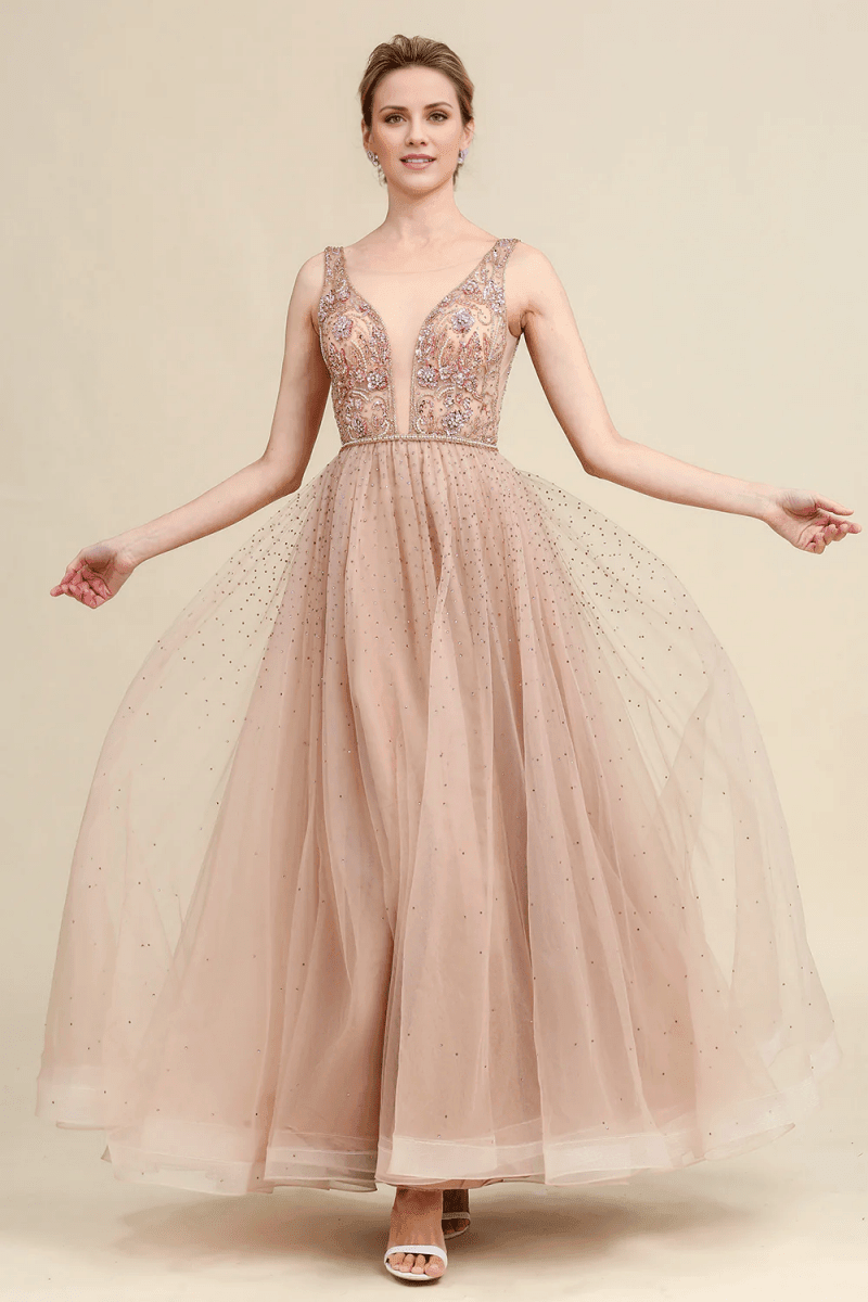 NumberSea - Blush A Line Beaded Sparkly Mother of Bride Dress