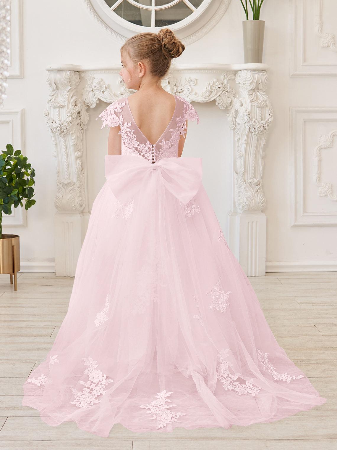 Vestido de princesa para primera comunión de niña de las flores, color marfil, con cola desmontable 