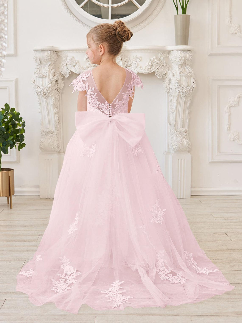 Vestido de princesa para primera comunión de niña de las flores, color marfil, con cola desmontable 