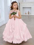 Vestido de princesa de tul sin mangas con apliques de encaje y cola larga para niñas 