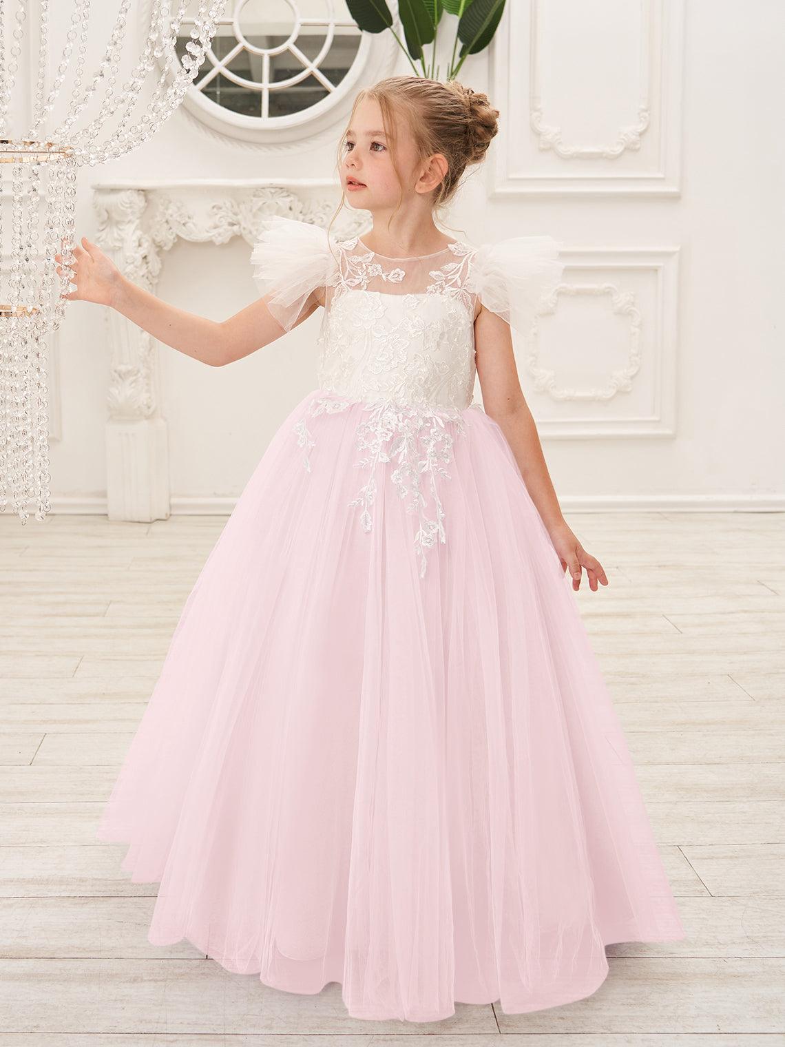 Vestido de niña de las flores con cola larga y tul con encaje desmontable 