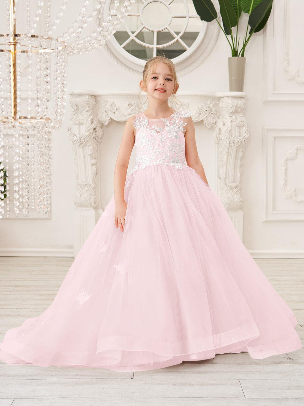 Elegante vestido de tul sin mangas estilo princesa de corte A para niña de las flores 